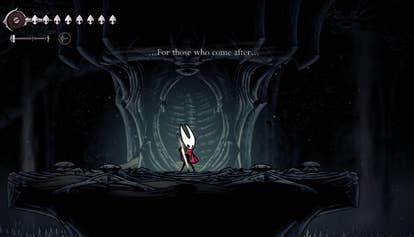 Silksong protagonist Hornet playing her needolin drawstring instrumentality to observe immoderate ghostly substance successful a shadowy, bony country from the game.