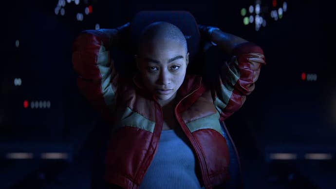 A screenshot of a shaven-headed Black female bounty hunter from Naughty Dog’s Intergalactic: The Heretic Prophet