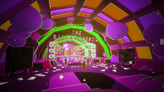 A rock concert in a colourful abstract world in the game Carceri