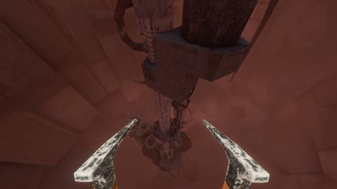 The player jumping towards a misty structure with two climbing axes in Lorn’s Lure