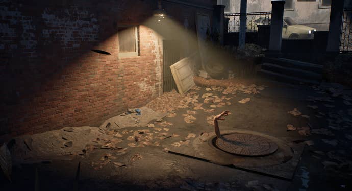An limb protruding from a somewhat lifted manhole screen successful a dimly-lit ceramic alleyway from Militsioner.