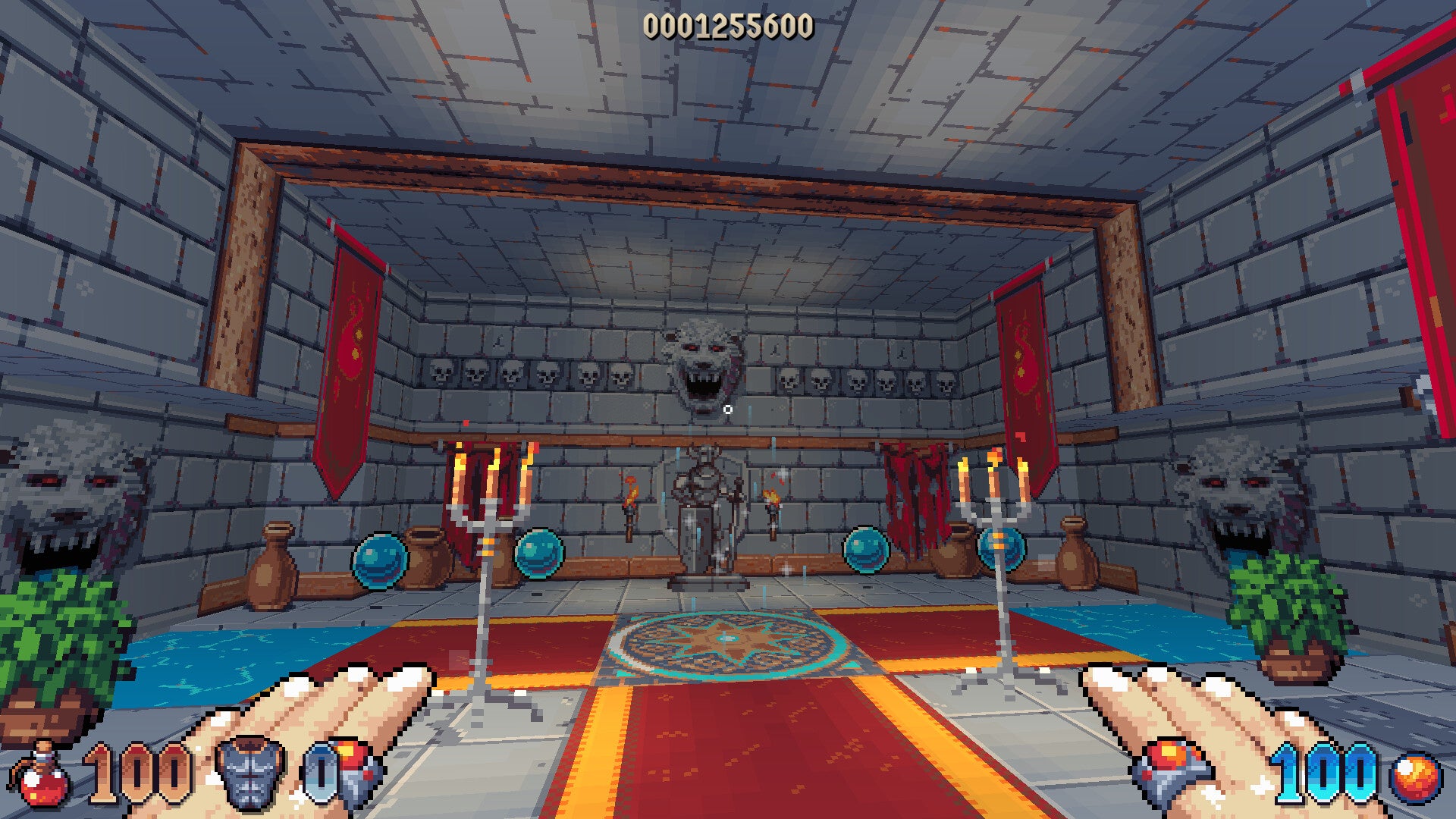 A castle interior in first-person spellcasting game Wizordum