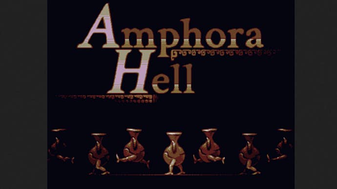 Title art for Amphora Hell, a 2D pixelart game about an amphora with legs which is pictured below the title text