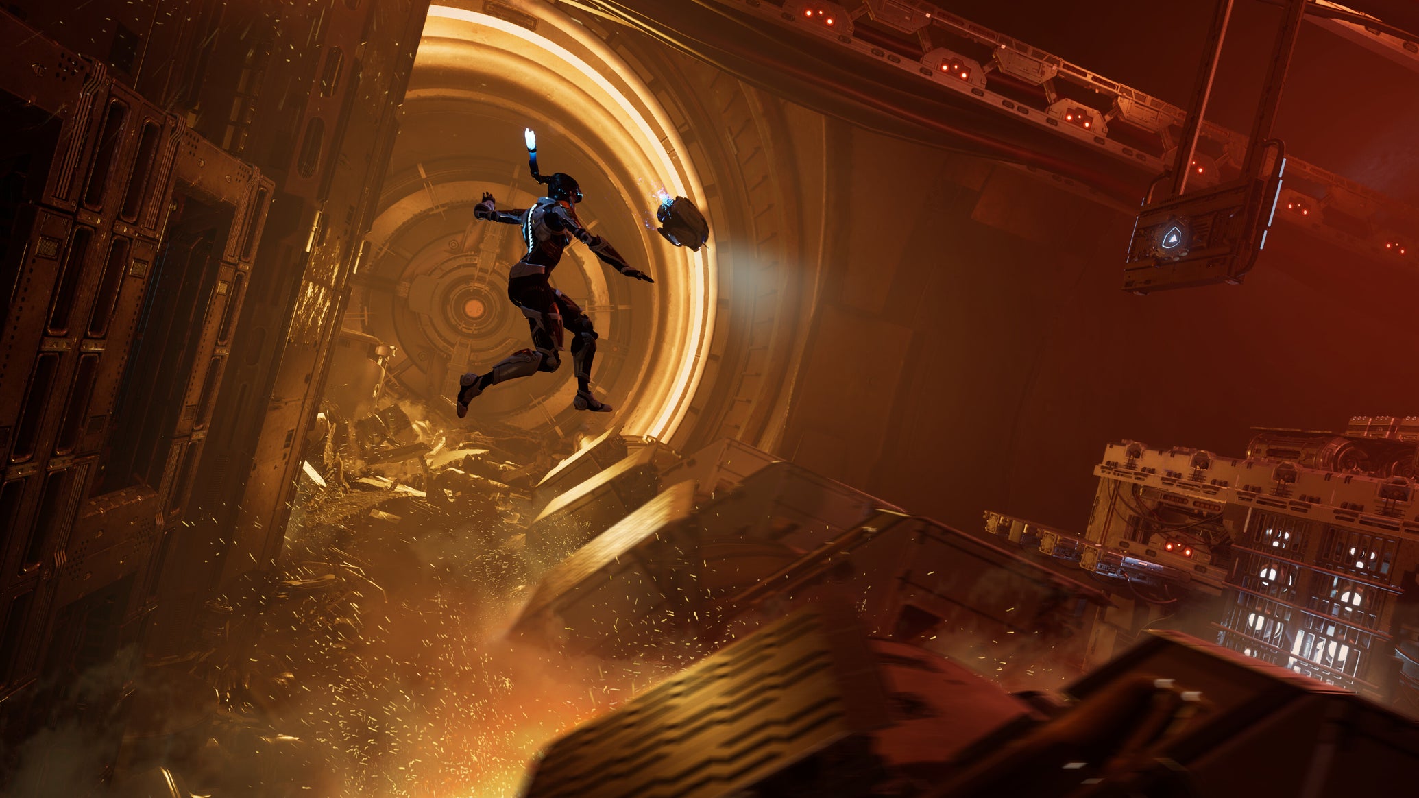 A feminine android leaping over a chasm against a backdrop of glowing, circular machinery in Steel Seed, with a flying robot drone nearby - 1