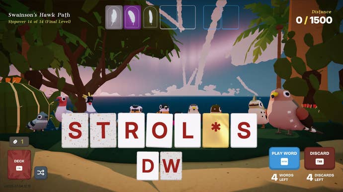 A Scrabble-style missive puzzle from Birdigo, showing missive tiles against a seaside backdrop with hopping, singing birds