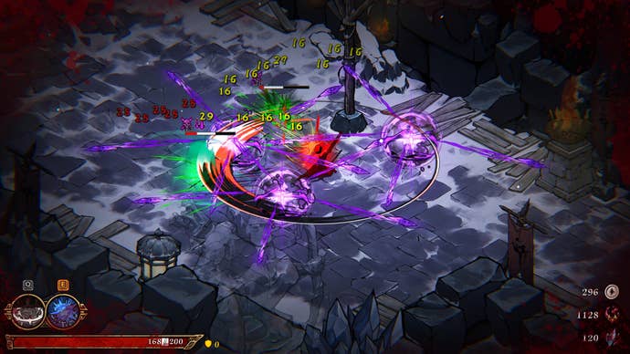 A screen from Realm of Ink showing the character performing a series of colourful energy-based special moves, represented as arcs and balls of light