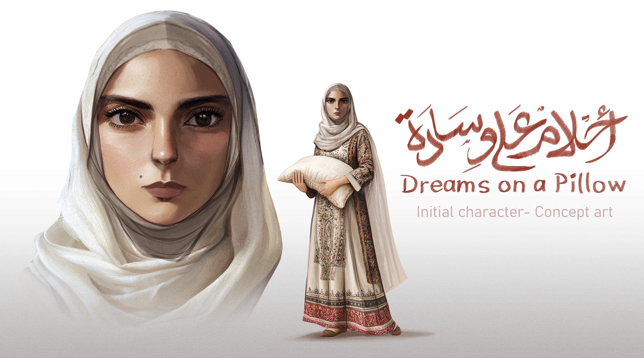 Character artwork for the game Dreams On A Pillow, showing a Palestinian woman in robes and a head covering holding a pillow - 6