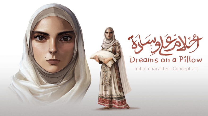 Character artwork for the game Dreams On A Pillow, showing a Palestinian woman in robes and a head covering holding a pillow