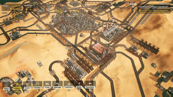 A winding web of bid tracks and factories connected a dusty Martian-style planet, from Railgrade.