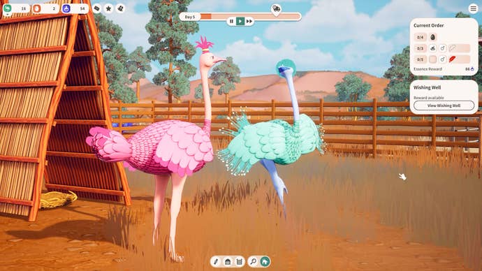 Two precise loudly coloured ostriches socialising successful a bizarre farming game