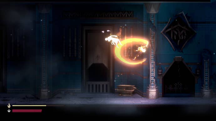 A warrior landing flaming sword blows on an airborne enemy in Nocturnal 2