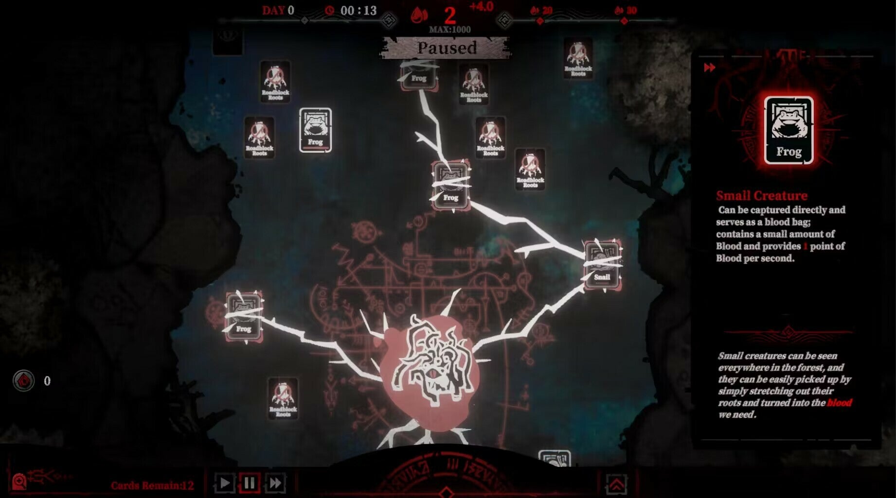 A screenshot of a card game in which you are a monstrous tree reaching out roots to other organisms, with menu materials and text - 3