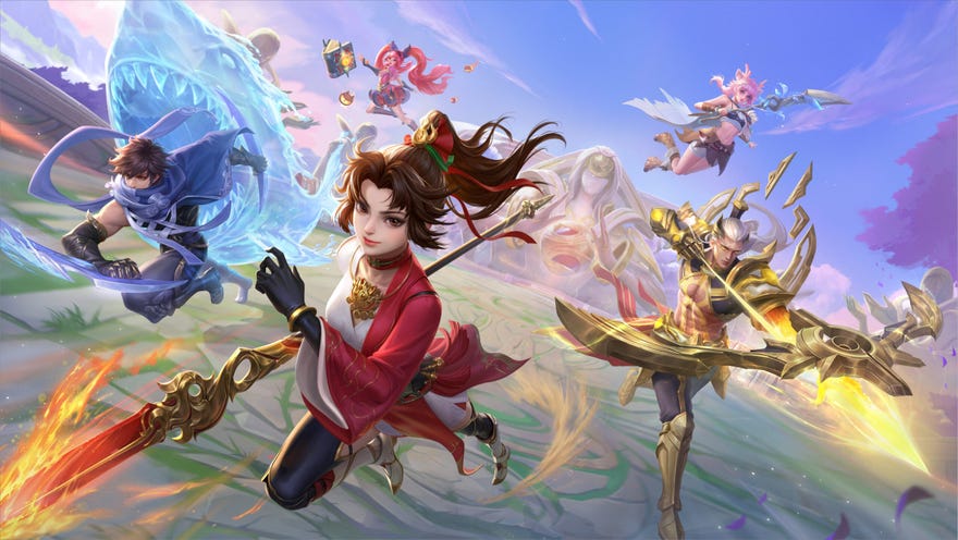 Character art for the game Honor of Kings, showing three fantasy warriors charging at the screen
