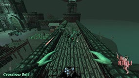 A view of a greenish castle wall with approaching anomalous hostile creatures in Brush Burial: Gutter World.