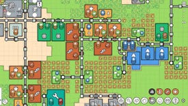 A screenshot of a bustling city of coloured squares in Mini Settlers
