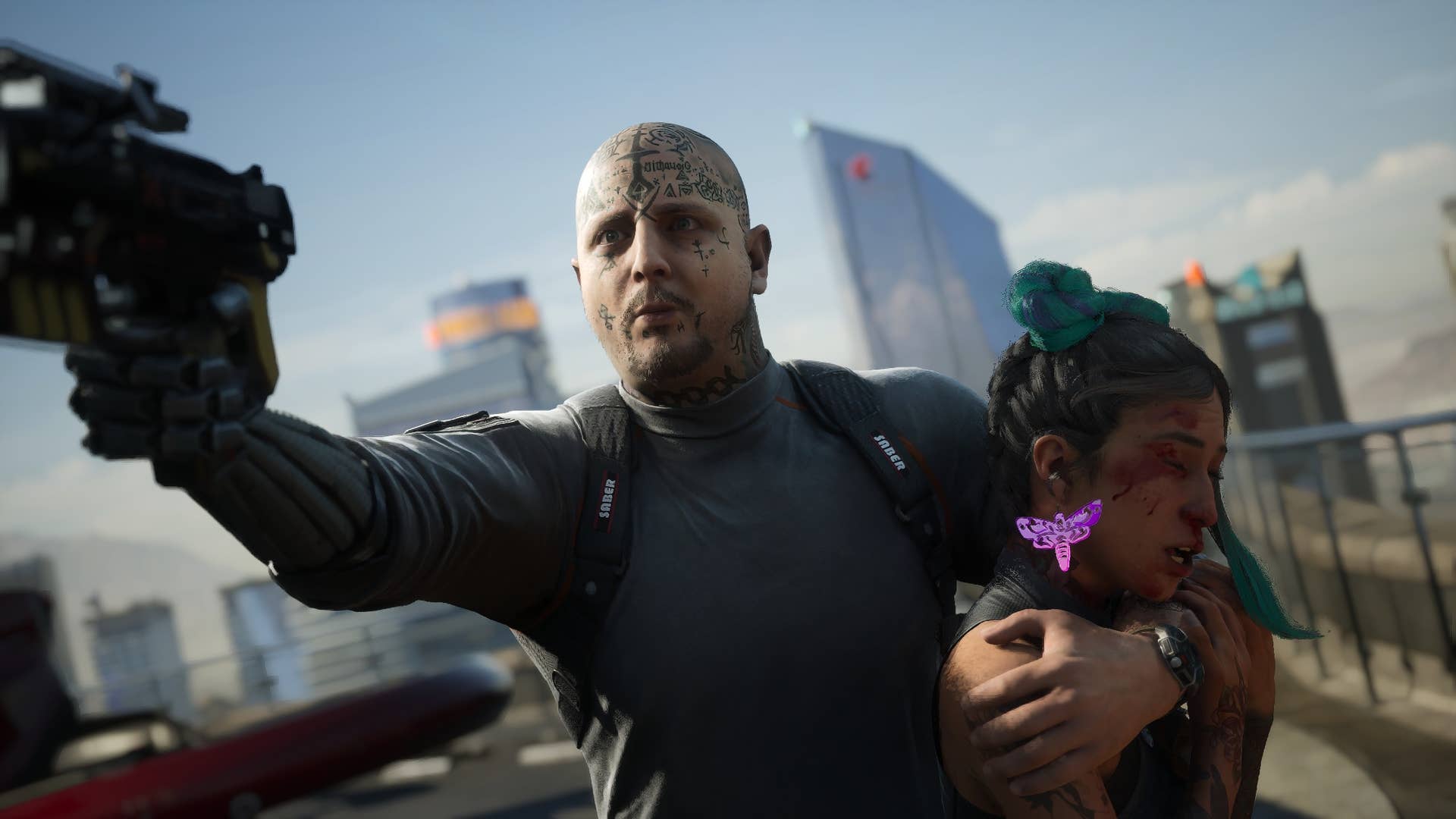 A screenshot of MindsEye, showing a cyborg mercenary holding a woman hostage.