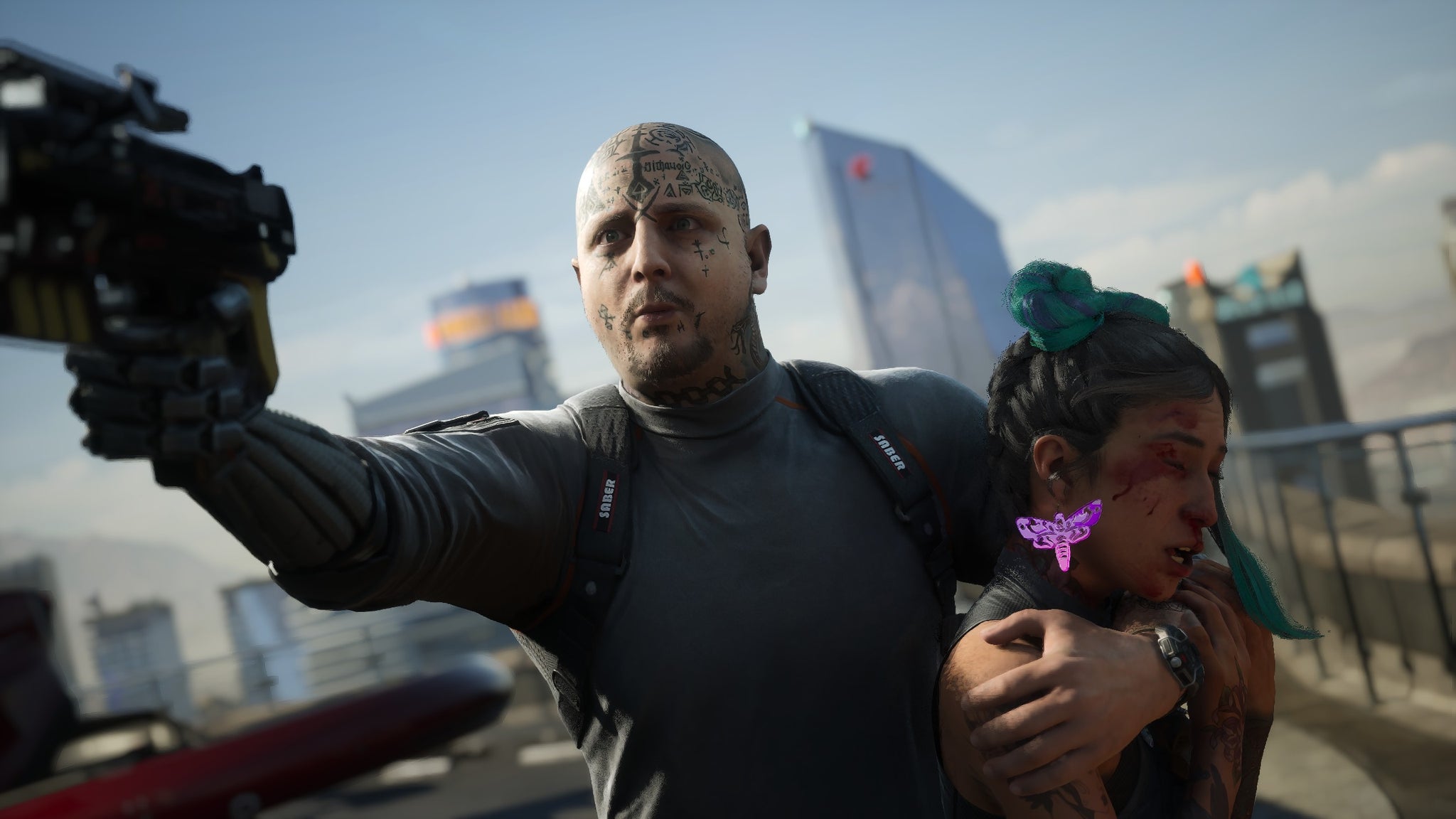 A screenshot of MindsEye, showing a cyborg mercenary holding a woman hostage.