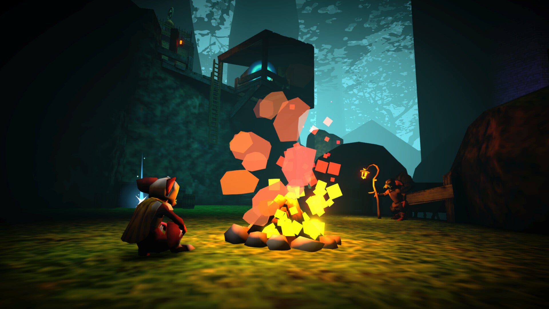 A mouse seated before a crackling campfire against a backdrop of hills and massive trees in Mouseward. - 1