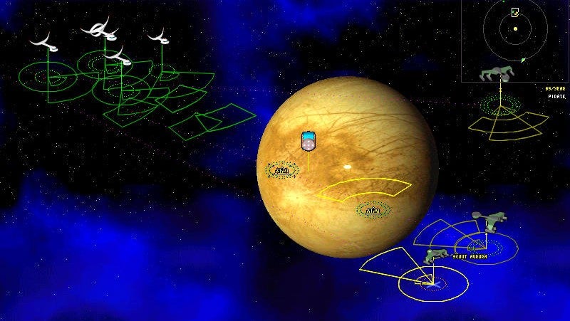 Fleets of starships about to do battle near a yellow planet in Starships Unlimited, with green and yellow firing arcs visible around each metallic vessel. - 1
