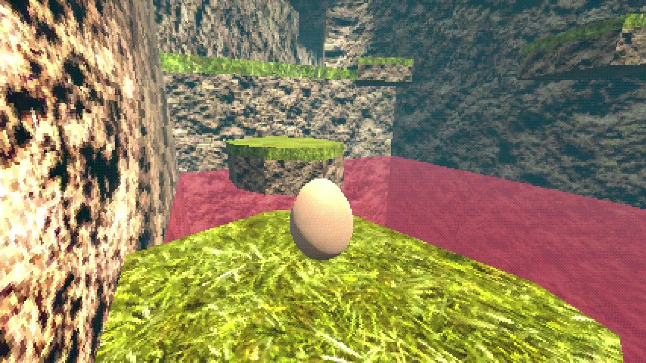 An egg perched on a green grassy platform in a rock canyon filled with red liquid - 1