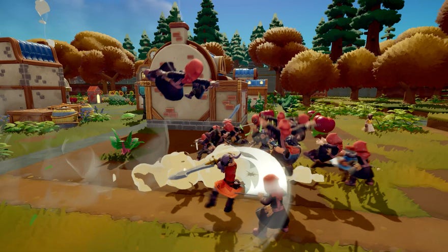 A player hitting a bunch of enemies in Overthrown