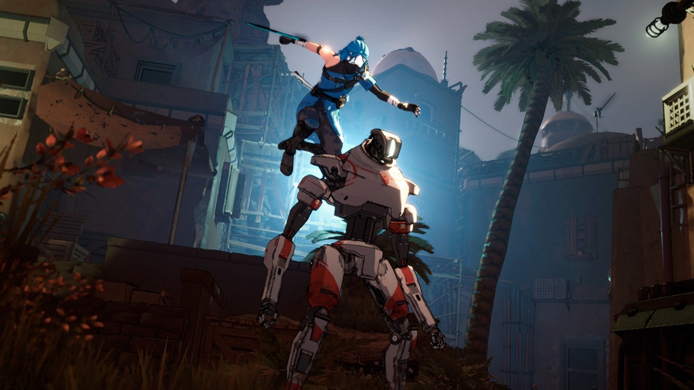 The main character of Ereban pouncing on a robot from behind with her blade out - 1