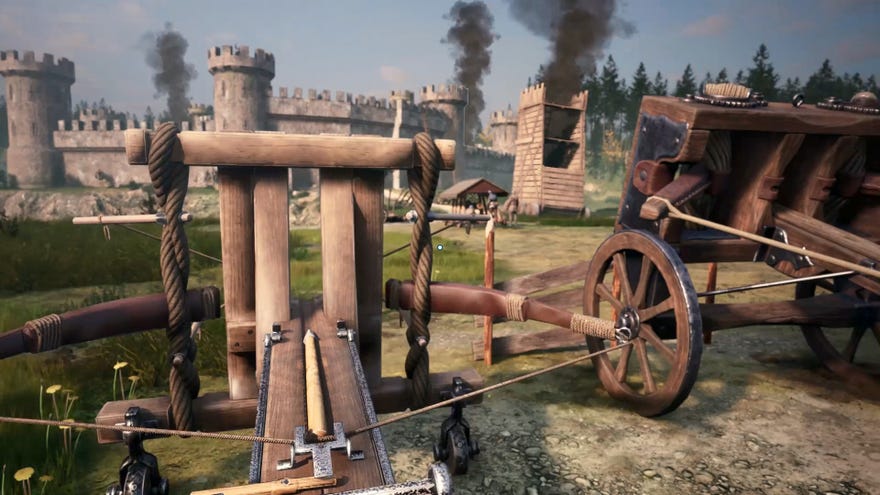 A ballista (giant crossbow) being aimed at a castle in Medieval Machines Builder.