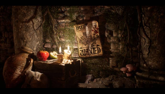 A candlelit stone wall in Ghost Of A Tale 2, with a “Wanted” poster and a bowl of fruit
