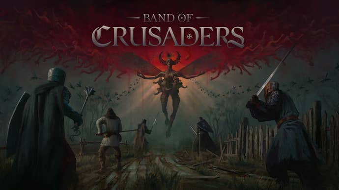 Title art for Band Of Crusaders, showing a bunch of knights in armour squaring off against a winged insect demon.