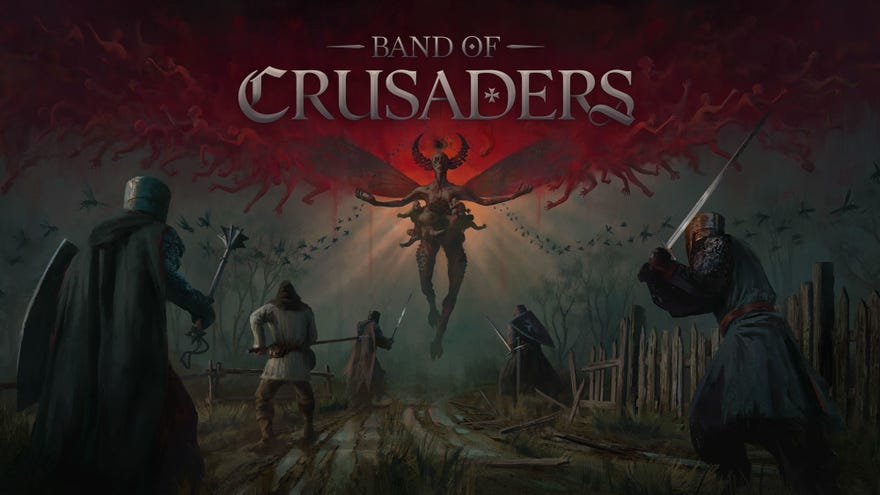 Title art for Band Of Crusaders, showing a bunch of knights in armour squaring off against a winged insect demon.