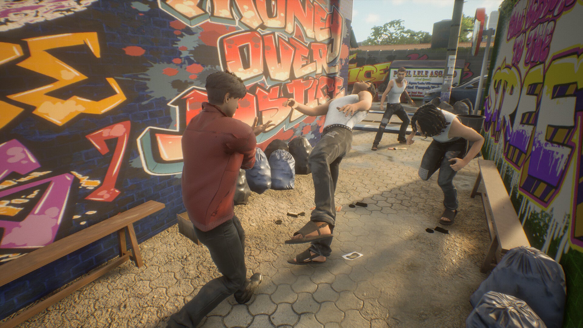 A marketing screenshot of Troublemaker 2, showing dudes fighting in an alleway lined with graffiti. - 1