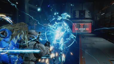 An over-the-shoulder presumption of Pragmata leader Hugh blasting a robot with a tiny android miss clinging to his back.