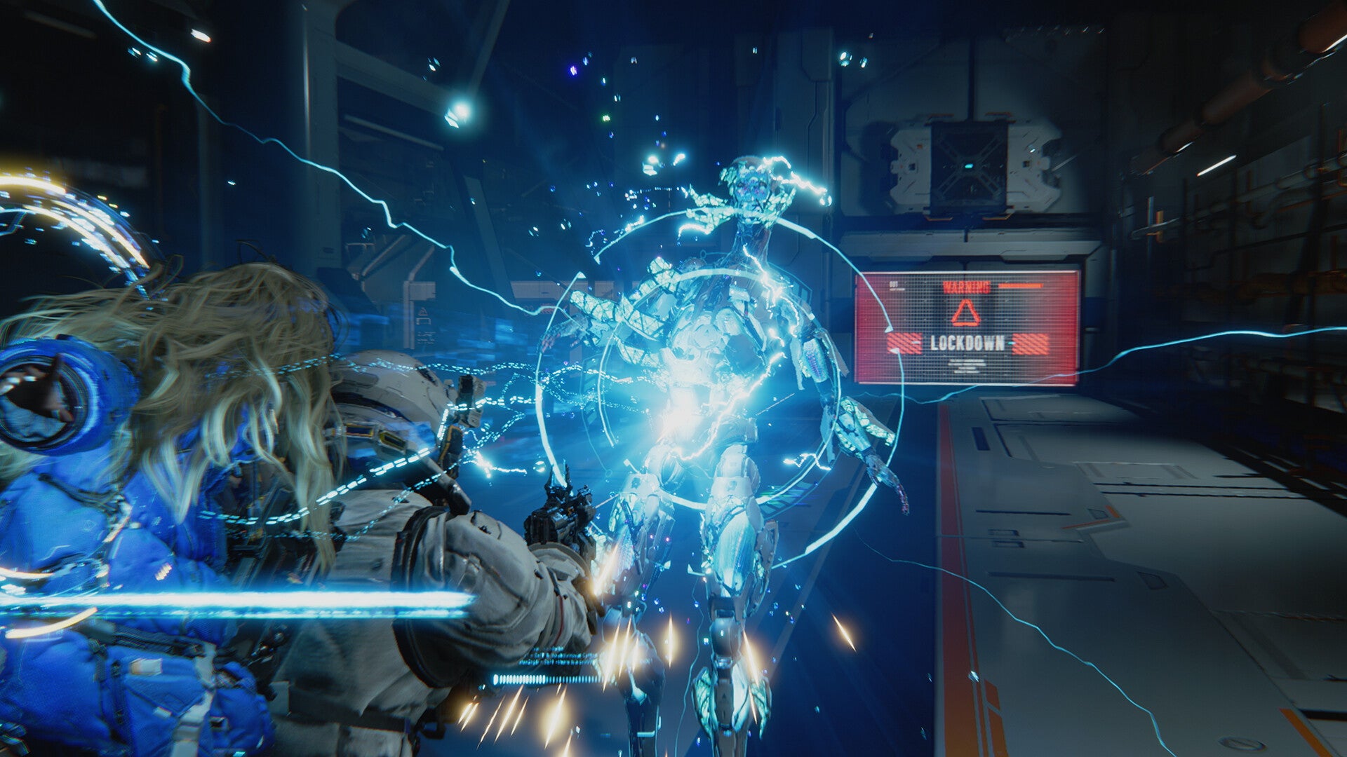 An over-the-shoulder view of Pragmata hero Hugh blasting a robot with a small android girl clinging to his back. - 1