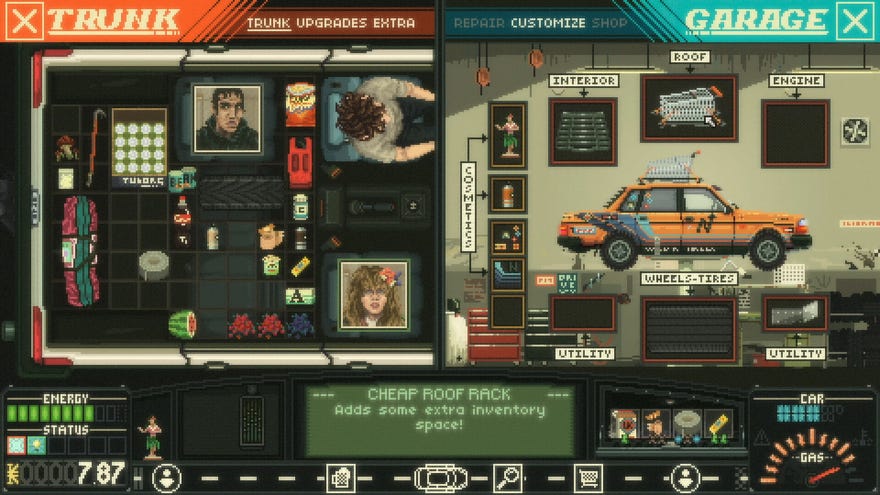 A colourful view of a car boot in roadtrip RPG Keep Driving, with the car on the right and a grid-based menu for its contents on the left