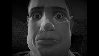 A close-up of an uncanny virtual human face in black and white