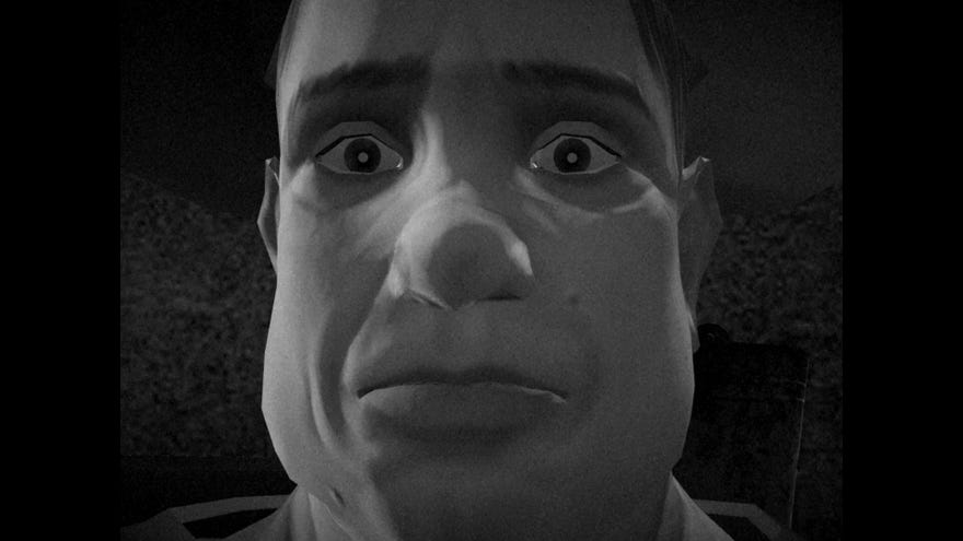 A close-up of an uncanny virtual human face in black and white