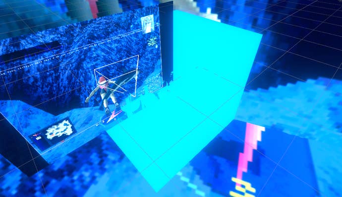 A PS1 swimming game shown on an angled screen within a screen of an experimental artgame from 2024, made up of weird blue shapes