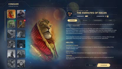 A faction enactment surface for Twilight Imperium Digital, showing a precise dignified and haughty lion successful a headdress.