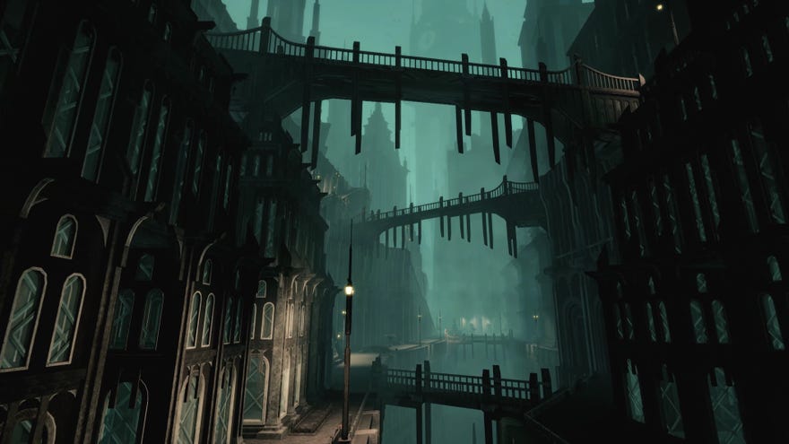 Gothic bridges criss-crossing between buildings in misty open world walking sim The Silent Swan.