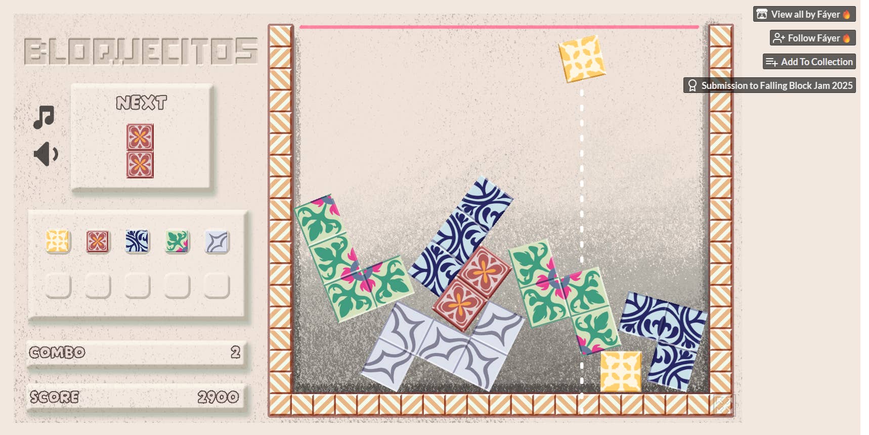 A stack of mosaic blocks shaped like Tetrominoes from falling block game Bloquecitos.