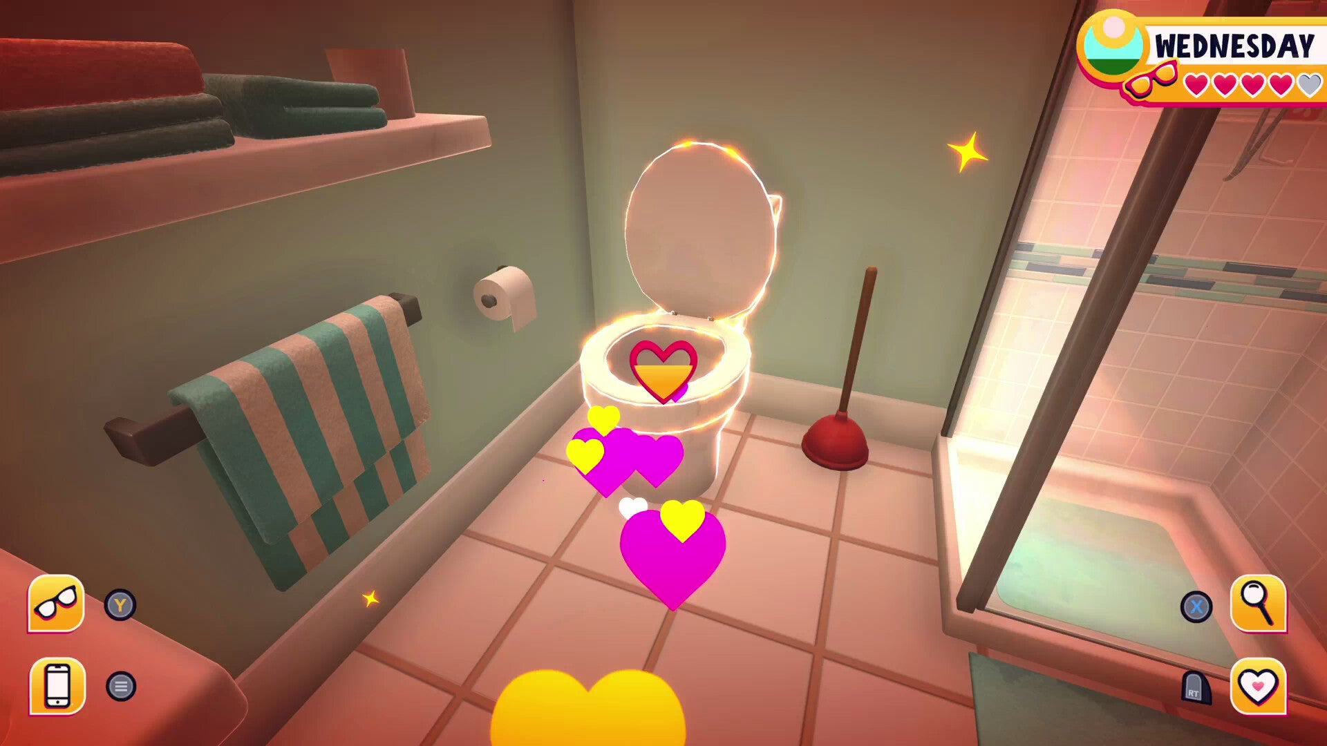 A first-person view of a colourful toilet with hearts floating over it, from Date Everything! - 1