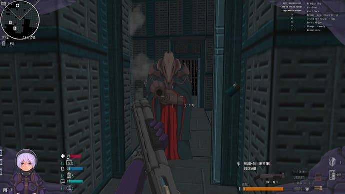 A first-person view of somebody firing a shotgun down a blue-green corridor at a figure in robes, from FPS Beyond Citadel
