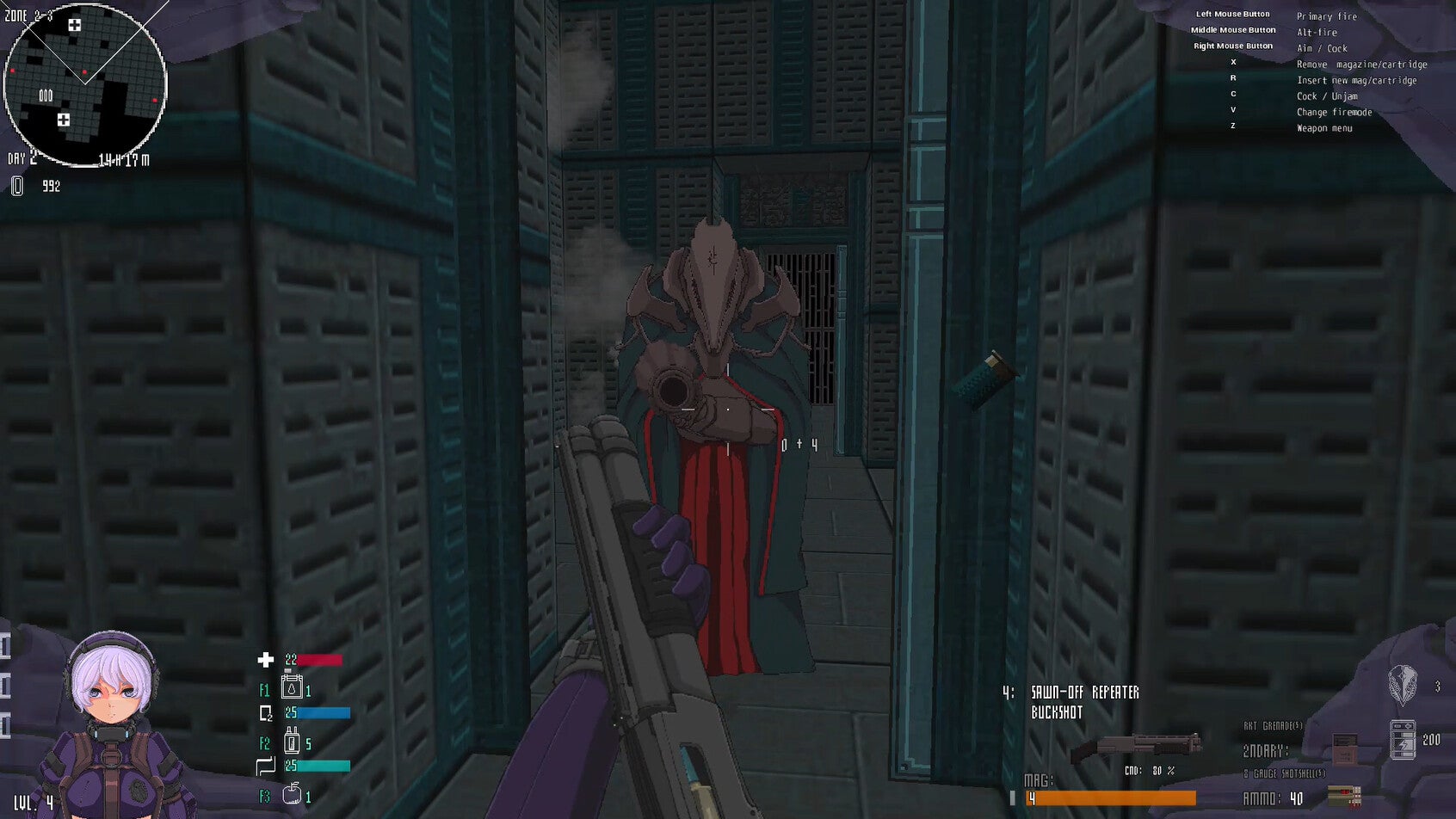A first-person view of somebody firing a shotgun down a blue-green corridor at a figure in robes, from FPS Beyond Citadel - 1