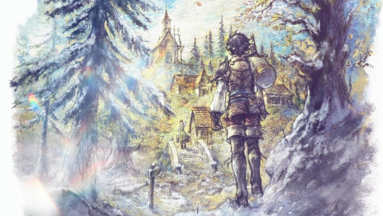 A lush painterly drawing of a boy with a sack over his shoulder walking through a forest towards a town, with a steeple visible above the trees. - 1