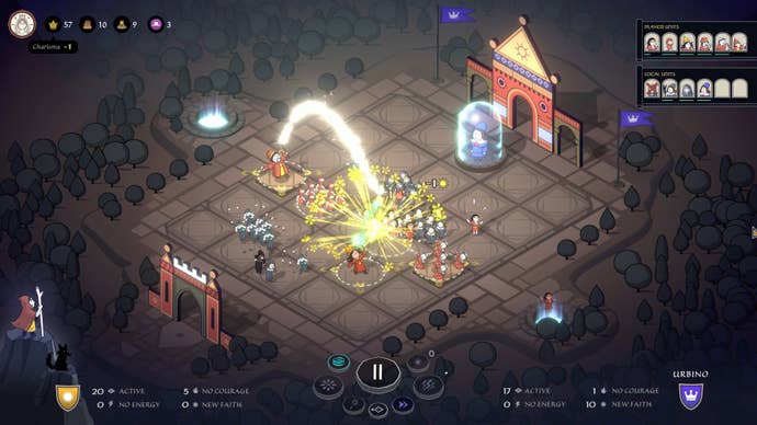 Crowds of rival spiritual followers doing conflict successful a cardboard pop-up town, from the real-time strategy crippled Becoming Saint