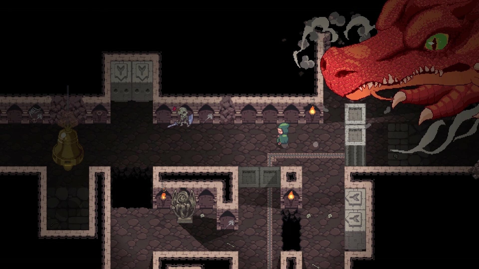 A top-down 2D dungeon with a dragon bursting through a wall in the top right corner - 1