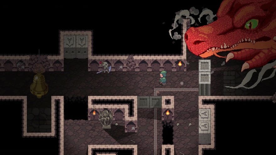 A top-down 2D dungeon with a dragon bursting through a wall in the top right corner