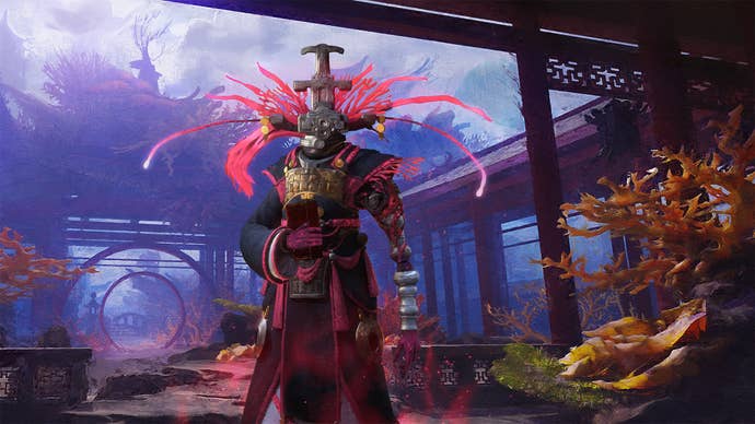 A subordinate of Endless Legend 2's Aspect faction, wearing agleam reddish coral apparel and armour with a tall, branching helm. They are lasting successful a courtyard with ample circular doors and unfastened fences.