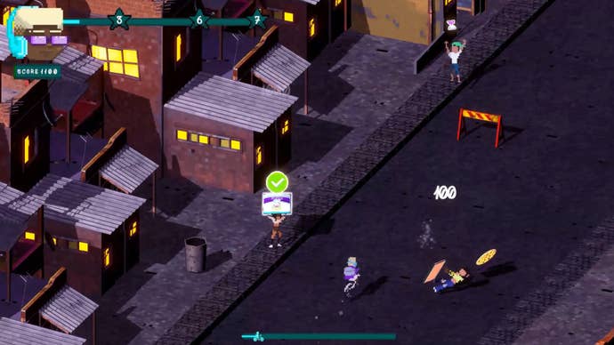 A pizza delivery boy cycling down a street in a fantastical representation of a Brazillian city