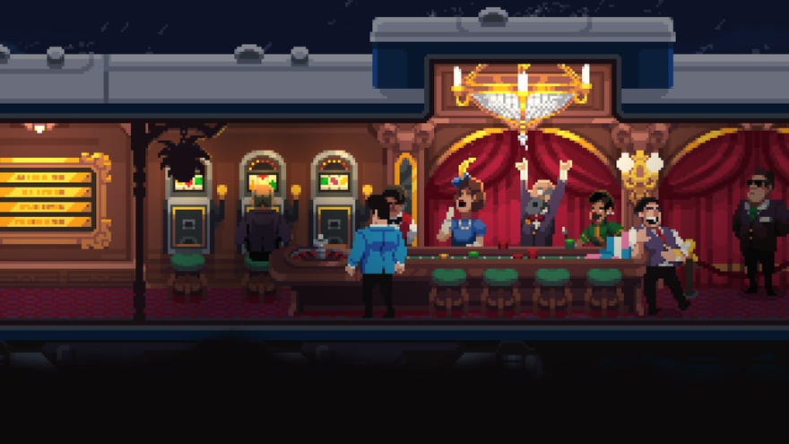 A pixelart train car with people standing by a bar in Loco Motive
